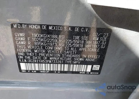 2023 Honda Hr-V 2Wd Sport from USA, damaged, VIN 3CZRZ1H53PM733261